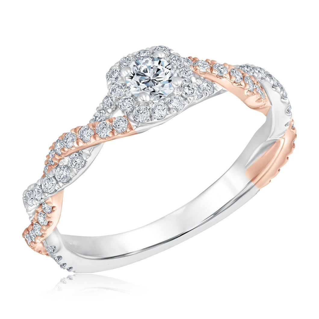 3/4ctw Round Diamond Cushion Halo Twisted Band Two-Tone Engagement Ring | Glow Collection