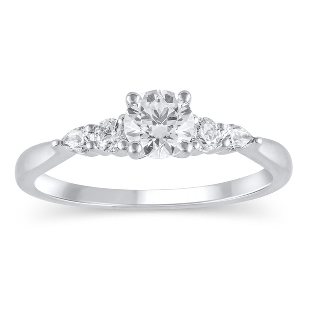 3/4ctw Round and Pear Diamond White Gold Engagement Ring - Timeless Collection