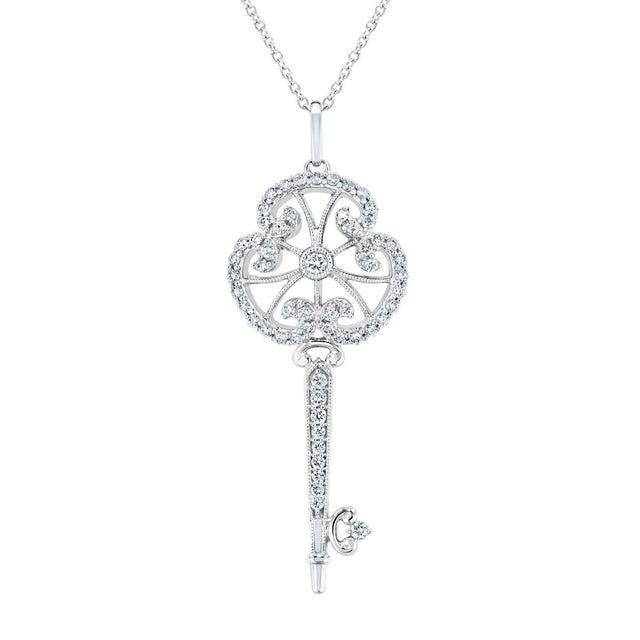 3/8ctw Diamond Clover Key White Gold Pendant Necklace - Vintage Collection