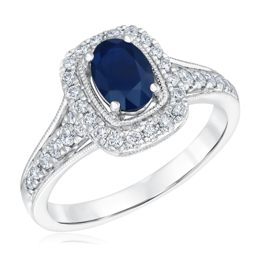 3/8ctw Diamond and Genuine Blue Sapphire White Gold Milgrain Ring