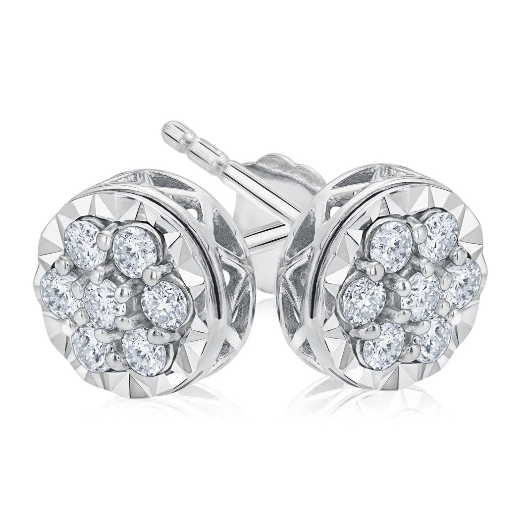 3/8ctw Round Diamond Cluster Sterling Silver Stud Earrings