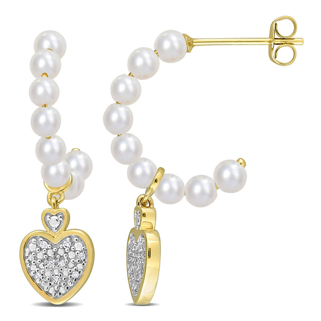 3.5-4mm White Freshwater Cultured Pearl 1/20ctw Diamond Heart Charm Yellow Gold Fashion Post Earrings