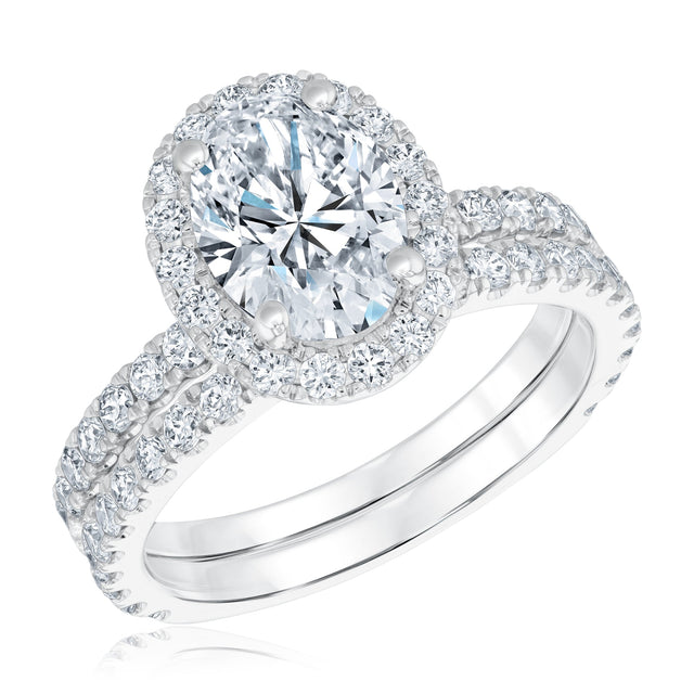 3ctw Oval Lab Grown Diamond Halo White Gold Engagement and Wedding Ring Bridal Set
