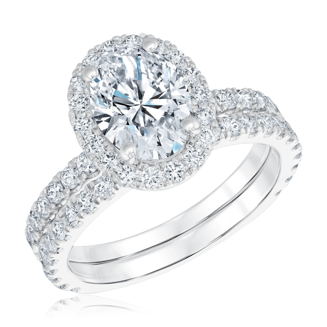 3ctw Oval Lab Grown Diamond Halo White Gold Engagement and Wedding Ring Bridal Set