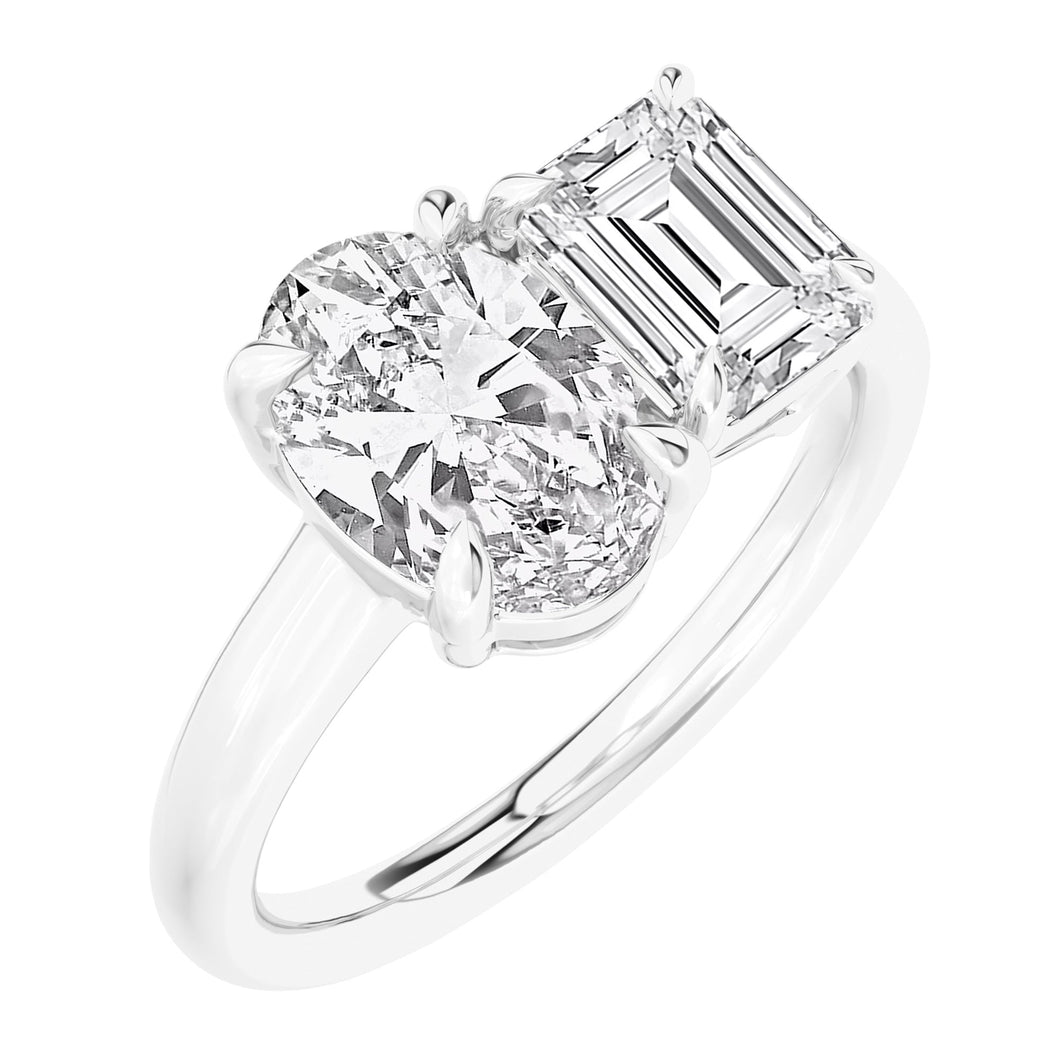 3ctw Oval and Emerald Lab Grown Diamond Toi et Moi White Gold Engagement Ring - Size 5