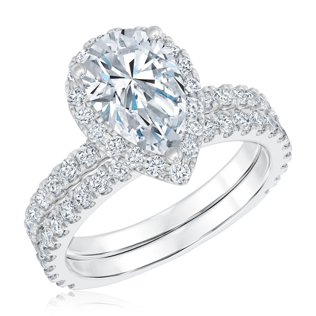 3ctw Pear Lab Grown Diamond Halo White Gold Engagement and Wedding Ring Bridal Set