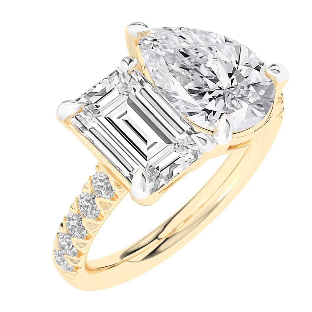 4 1/3ctw Emerald and Pear Lab Grown Diamond Toi et Moi Yellow Gold Engagement Ring - Size 5