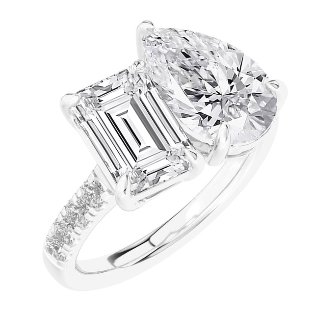 4 1/4ctw Emerald and Pear Lab Grown Diamond Toi et Moi White Gold Engagement Ring - Size 5