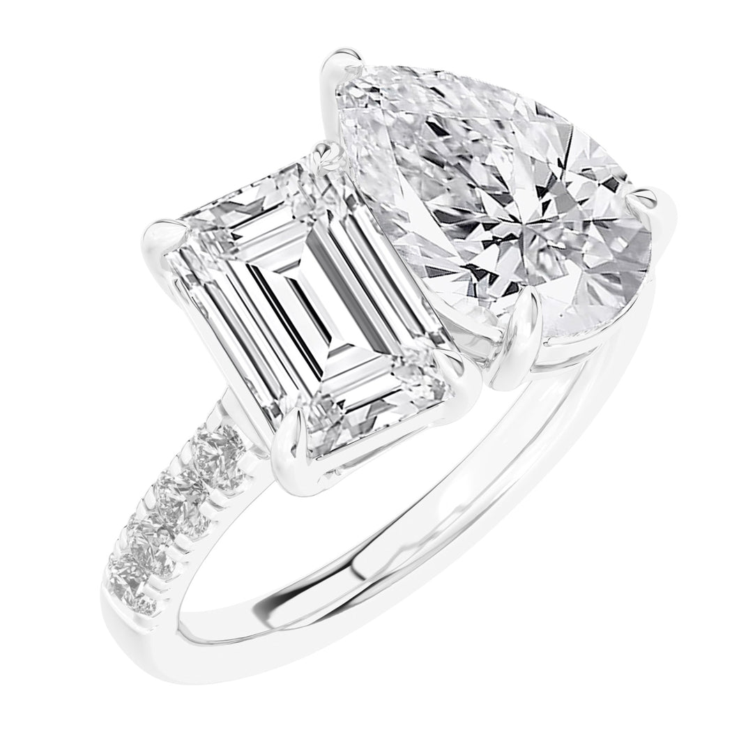 4 1/4ctw Emerald and Pear Lab Grown Diamond Toi et Moi White Gold Engagement Ring - Size 5