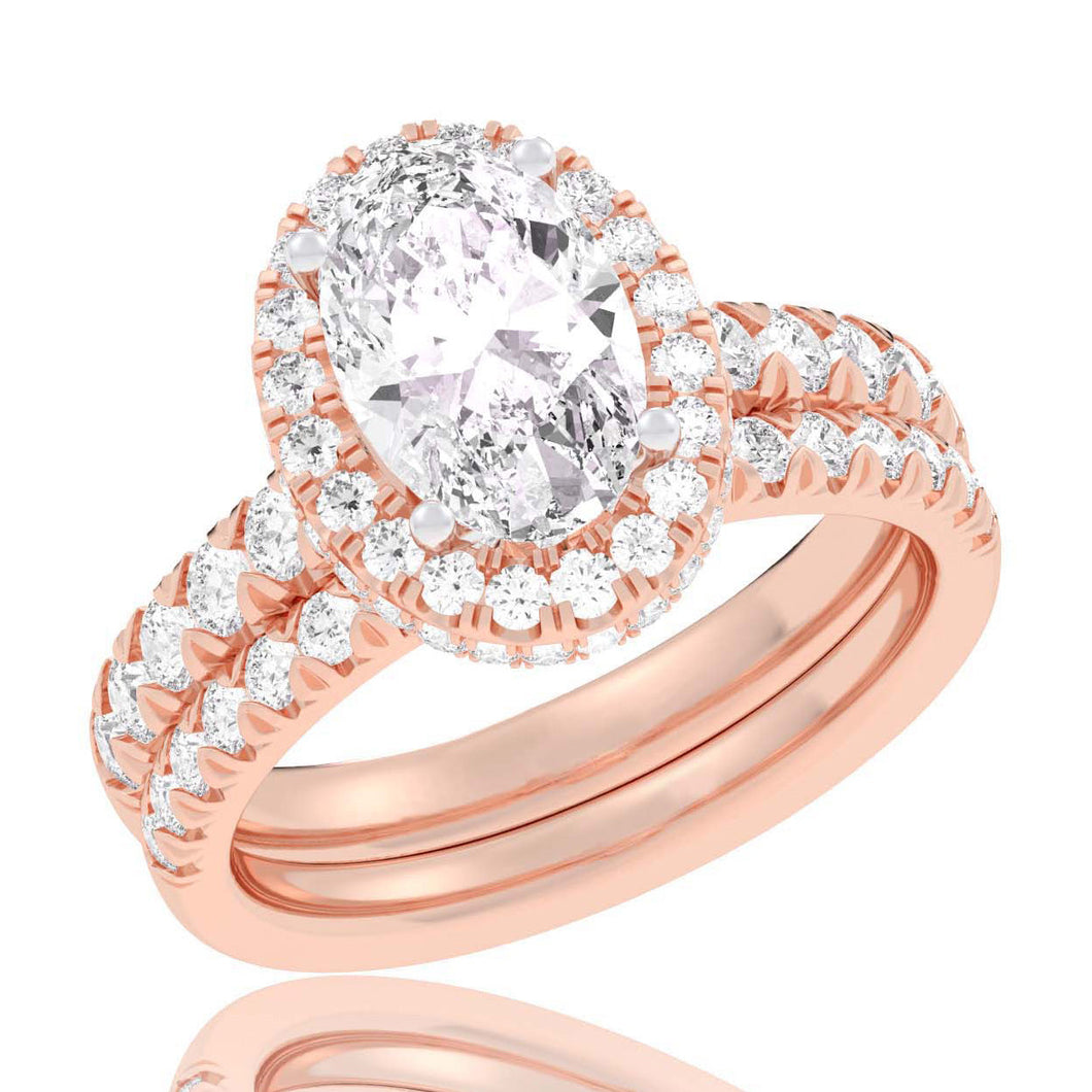 4 1/4ctw Oval Lab Grown Diamond Halo Rose Gold Engagement and Wedding Ring Bridal Set - Size 5
