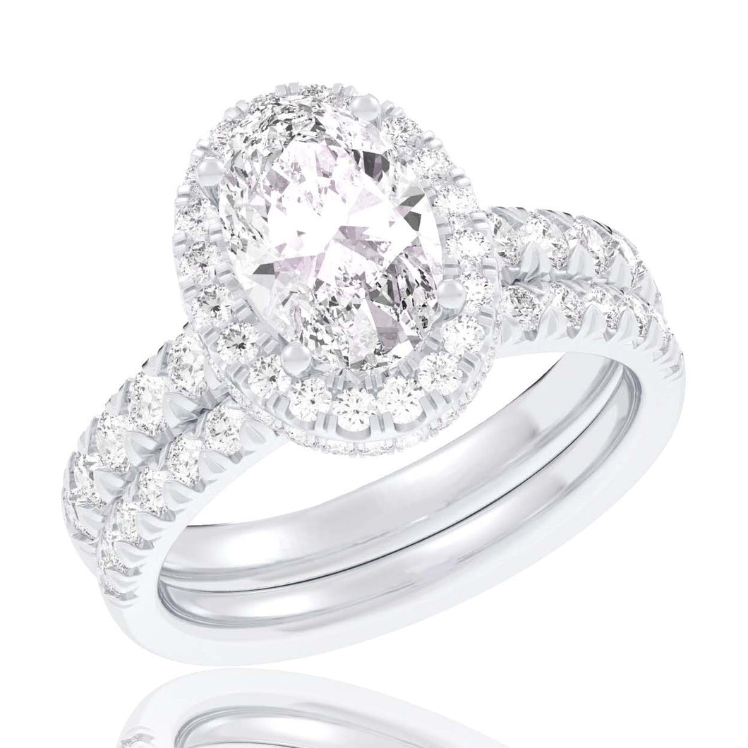 4 1/4ctw Oval Lab Grown Diamond Halo White Gold Engagement and Wedding Ring Bridal Set - Size 5
