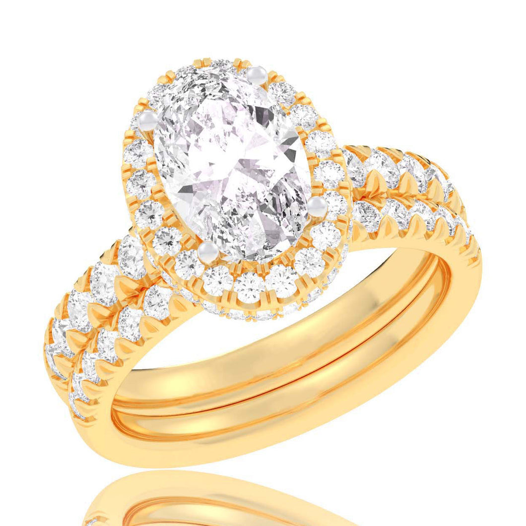 4 1/4ctw Oval Lab Grown Diamond Halo Yellow Gold Engagement and Wedding Ring Bridal Set - Size 5