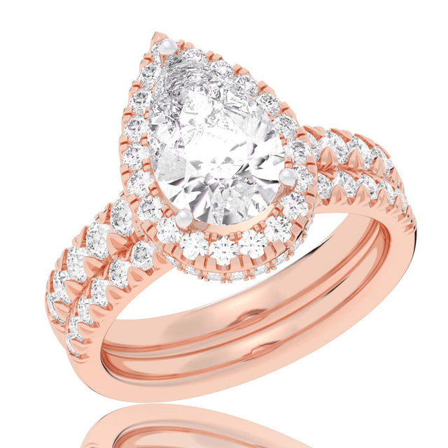 4 1/4ctw Pear Lab Grown Diamond Halo Rose Gold Engagement and Wedding Ring Bridal Set - Size 5