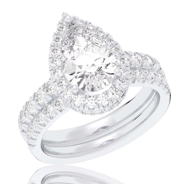 4 1/4ctw Pear Lab Grown Diamond Halo White Gold Engagement and Wedding Ring Bridal Set - Size 5