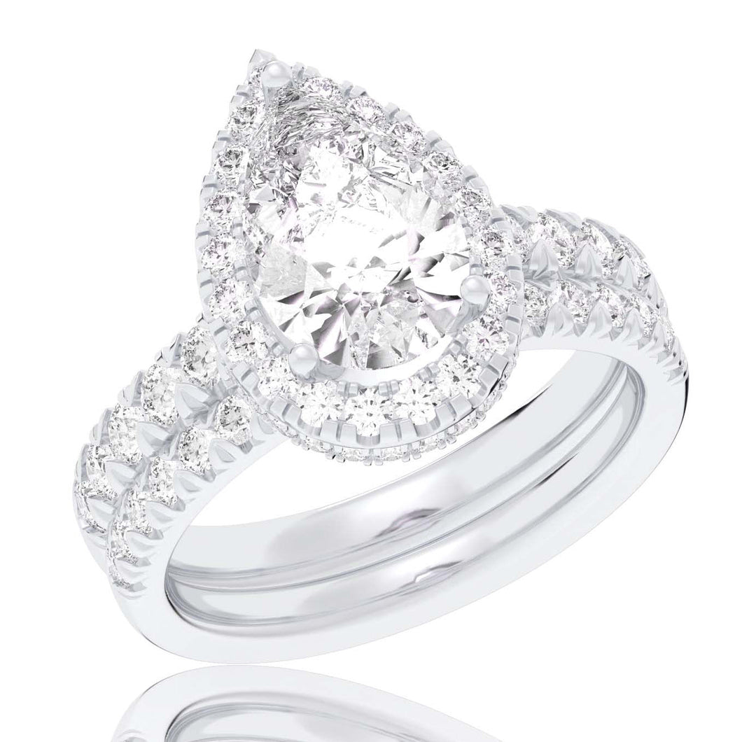 4 1/4ctw Pear Lab Grown Diamond Halo White Gold Engagement and Wedding Ring Bridal Set - Size 5