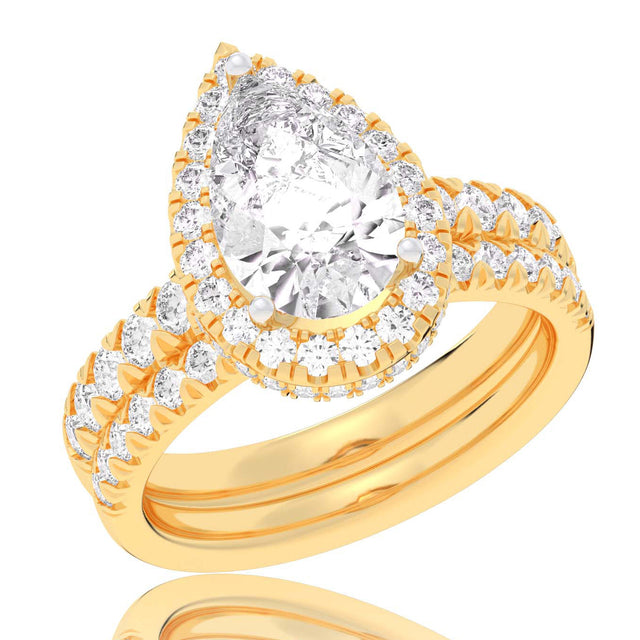 4 1/4ctw Pear Lab Grown Diamond Halo Yellow Gold Engagement and Wedding Ring Bridal Set - Size 5