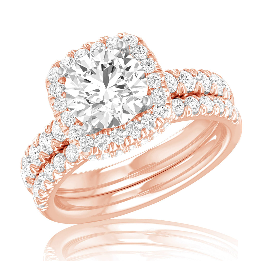 4 1/4ctw Round Lab Grown Diamond Halo Rose Gold Engagement and Wedding Ring Bridal Set - Size 5