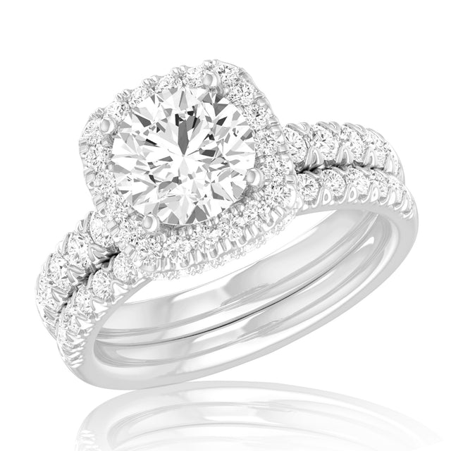 4 1/4ctw Round Lab Grown Diamond Halo White Gold Engagement and Wedding Ring Bridal Set - Size 5