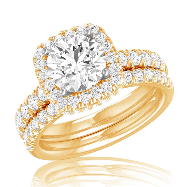 4 1/4ctw Round Lab Grown Diamond Halo Yellow Gold Engagement and Wedding Ring Bridal Set - Size 5