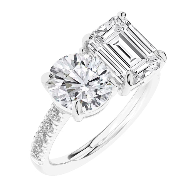 4 1/4ctw Round and Emerald Lab Grown Diamond Toi et Moi White Gold Engagement Ring - Size 5