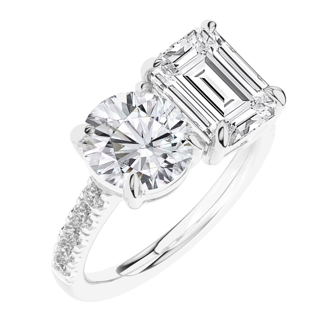 4 1/4ctw Round and Emerald Lab Grown Diamond Toi et Moi White Gold Engagement Ring - Size 5