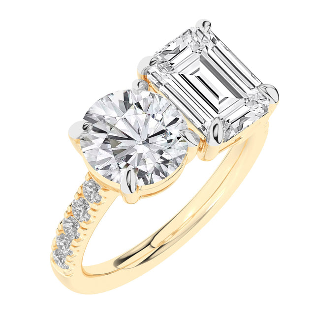 4 1/4ctw Round and Emerald Lab Grown Diamond Toi et Moi Yellow Gold Engagement Ring - Size 5