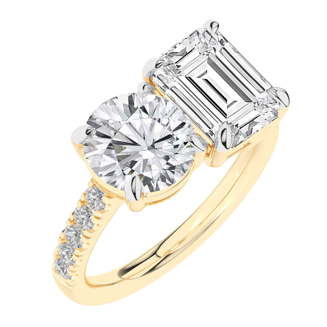 4 1/4ctw Round and Emerald Lab Grown Diamond Toi et Moi Yellow Gold Engagement Ring - Size 5