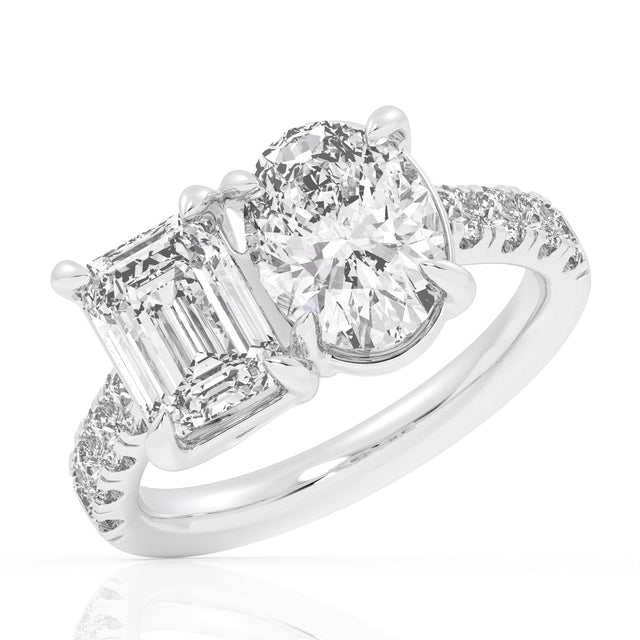 4 3/8ctw Emerald and Oval Lab Grown Diamond Toi et Moi White Gold Engagement Ring - Size 5