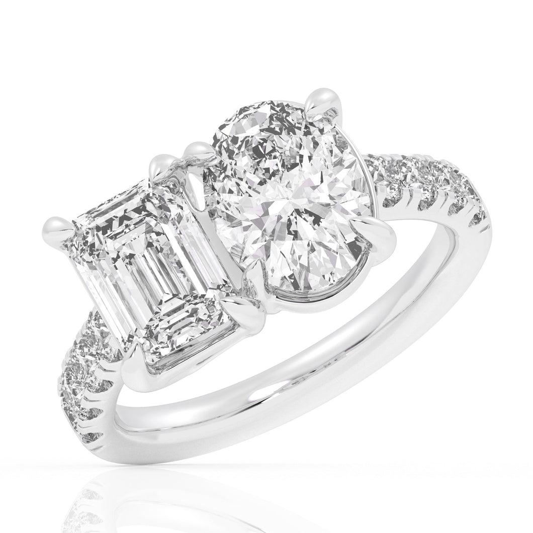 4 3/8ctw Emerald and Oval Lab Grown Diamond Toi et Moi White Gold Engagement Ring - Size 5