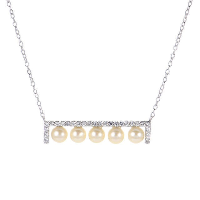 4.5-5mm Fresh Water Cultred Pearl and Created White Sapphire Sterling Silver Bar Pendant Necklace