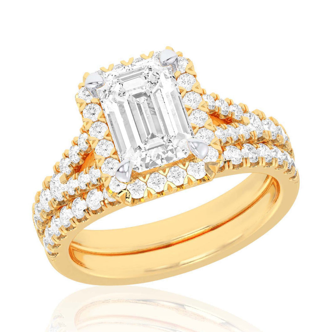 4ctw Emerald Lab Grown Diamond Halo Yellow Gold Engagement and Wedding Ring Bridal Set - Size 5