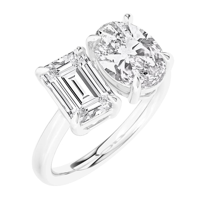 4ctw Emerald and Oval Lab Grown Diamond Toi et Moi White Gold Engagement Ring - Size 5