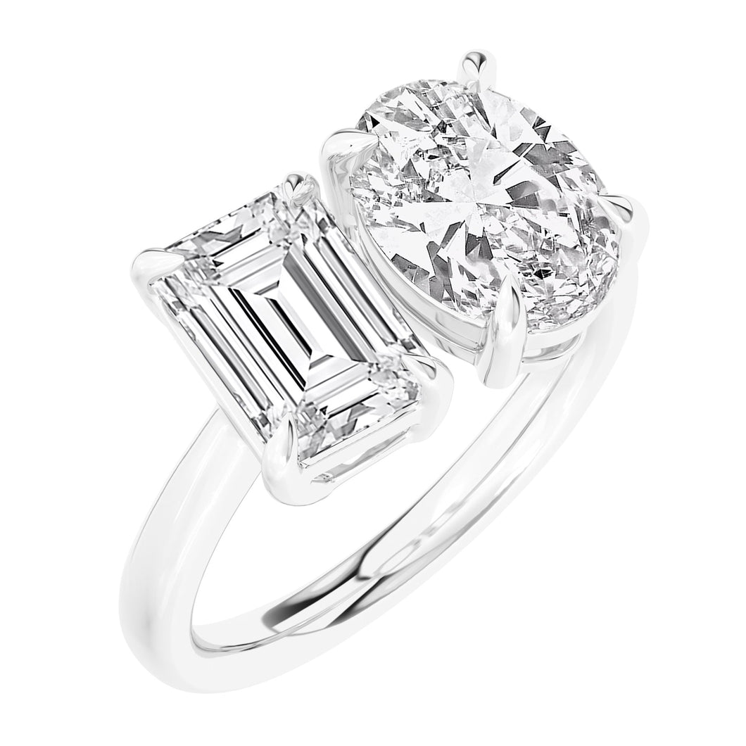 4ctw Emerald and Oval Lab Grown Diamond Toi et Moi White Gold Engagement Ring - Size 5