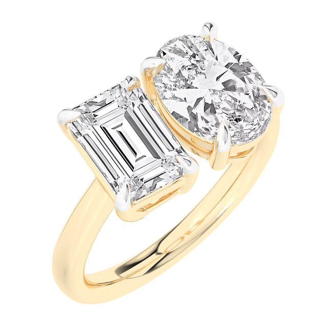 4ctw Emerald and Oval Lab Grown Diamond Toi et Moi Yellow Gold Engagement Ring - Size 6