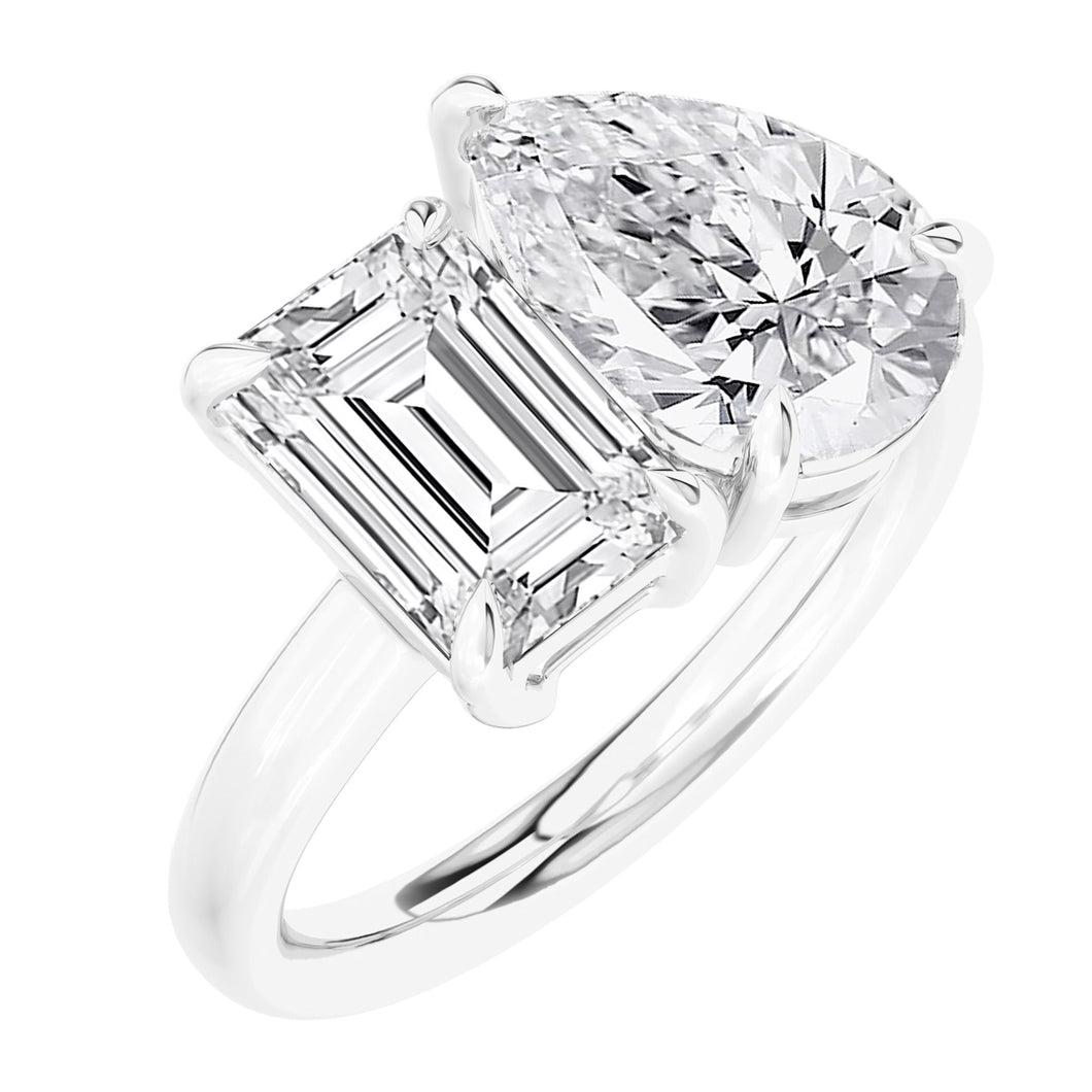 4ctw Emerald and Pear Lab Grown Diamond Toi et Moi White Gold Engagement Ring - Size 5