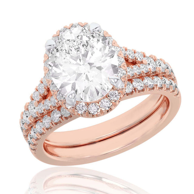 4ctw Oval Lab Grown Diamond Halo Rose Gold Engagement and Wedding Ring Bridal Set - Size 5