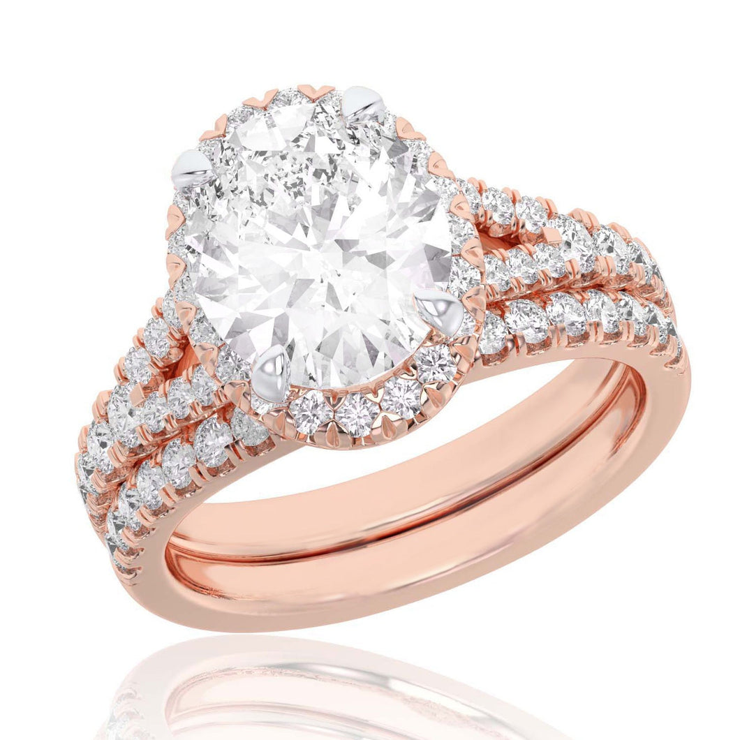 4ctw Oval Lab Grown Diamond Halo Rose Gold Engagement and Wedding Ring Bridal Set - Size 5