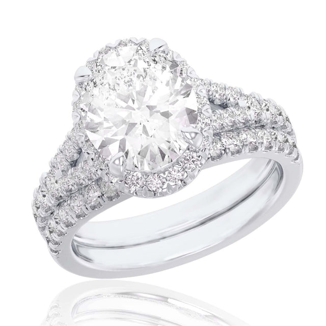 4ctw Oval Lab Grown Diamond Halo White Gold Engagement and Wedding Ring Bridal Set - Size 5