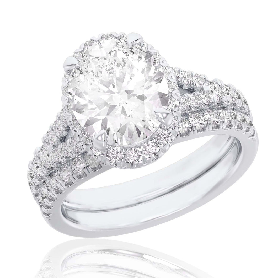 4ctw Oval Lab Grown Diamond Halo White Gold Engagement and Wedding Ring Bridal Set - Size 5