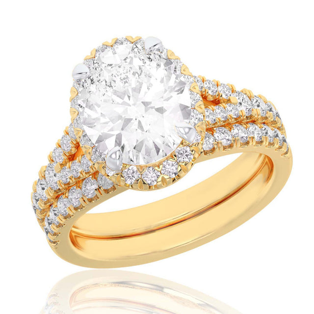 4ctw Oval Lab Grown Diamond Halo Yellow Gold Engagement and Wedding Ring Bridal Set - Size 5