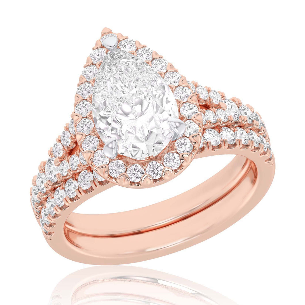 4ctw Pear Lab Grown Diamond Halo Rose Gold Engagement and Wedding Ring Bridal Set - Size 5
