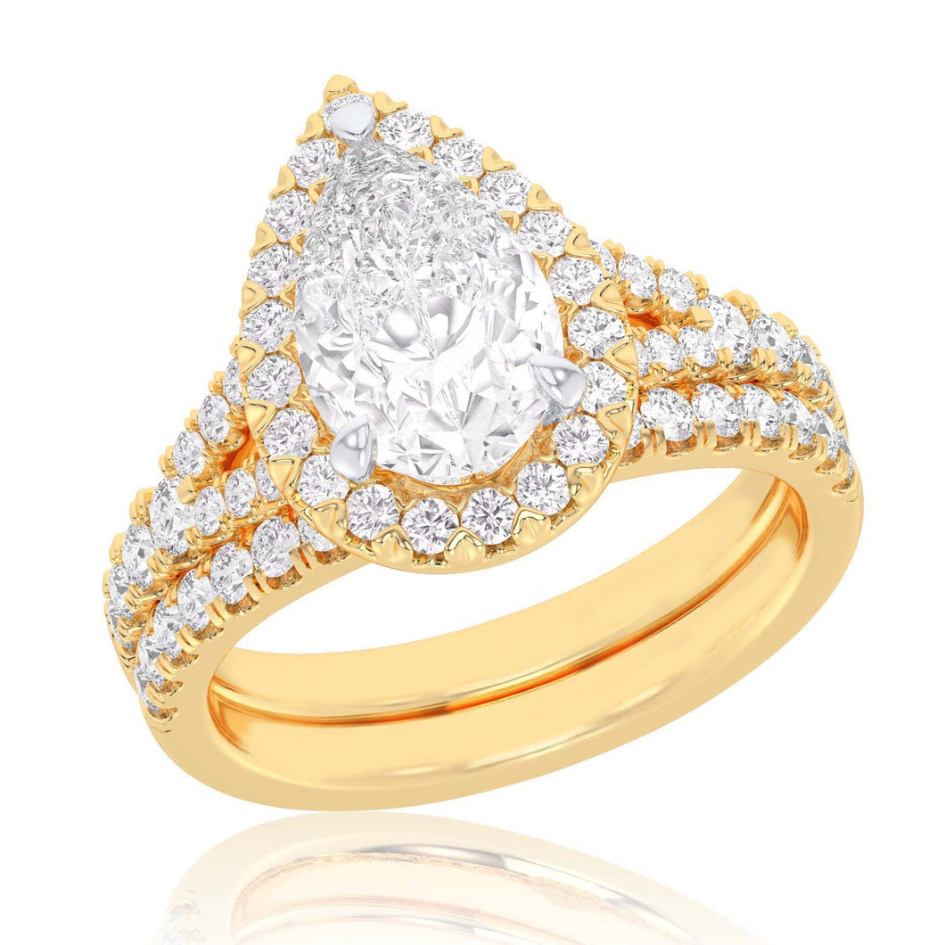 4ctw Pear Lab Grown Diamond Halo Yellow Gold Engagement and Wedding Ring Bridal Set - Size 5
