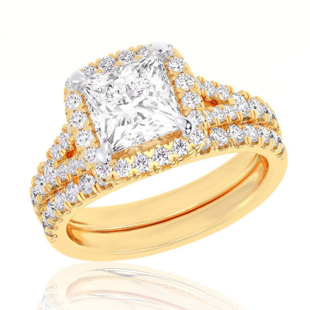 4ctw Princess Lab Grown Diamond Halo Yellow Gold Engagement and Wedding Ring Bridal Set - Size 5