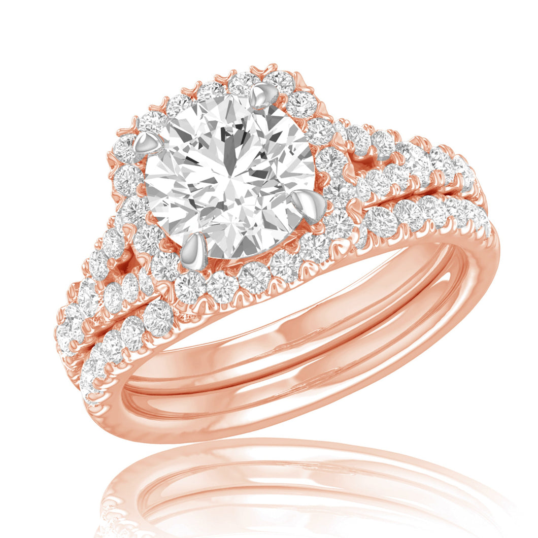 4ctw Round Lab Grown Diamond Halo Rose Gold Engagement and Wedding Ring Bridal Set - Size 5
