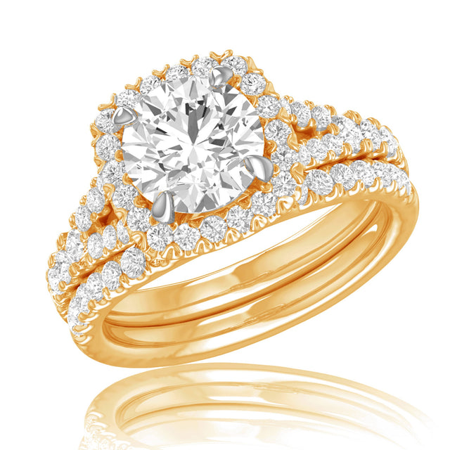 4ctw Round Lab Grown Diamond Halo Yellow Gold Engagement and Wedding Ring Bridal Set - Size 5