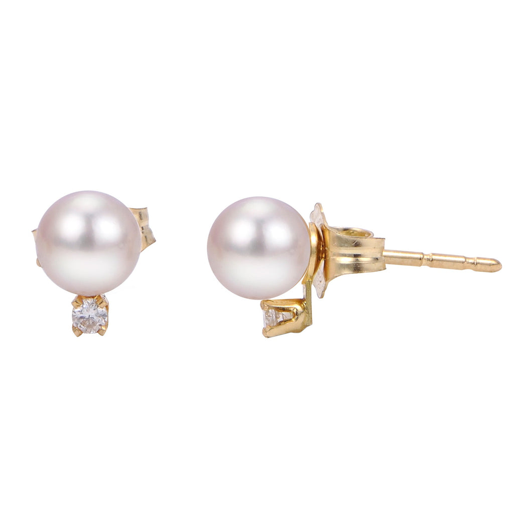 5-5.5mm Akoya Cultured Pearl and Diamond Stud Earrings, Yellow Gold 1/20ctw