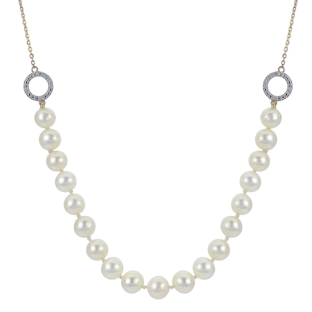 5-6mm Fresh Water Cultured Pearl and Diamond Accent Yellow Gold Necklace