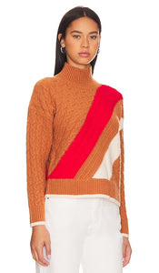 525 Ria Color Block Cable Pullover Sweater in Cognac