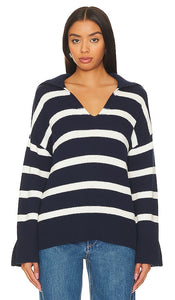 525 Meredith Stripe Polo Pullover Sweater in Navy