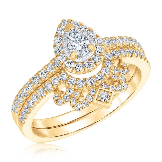 5/8ctw Pear Diamond Crown Yellow Gold Engagement and Wedding Ring Bridal Set | Glow Collection